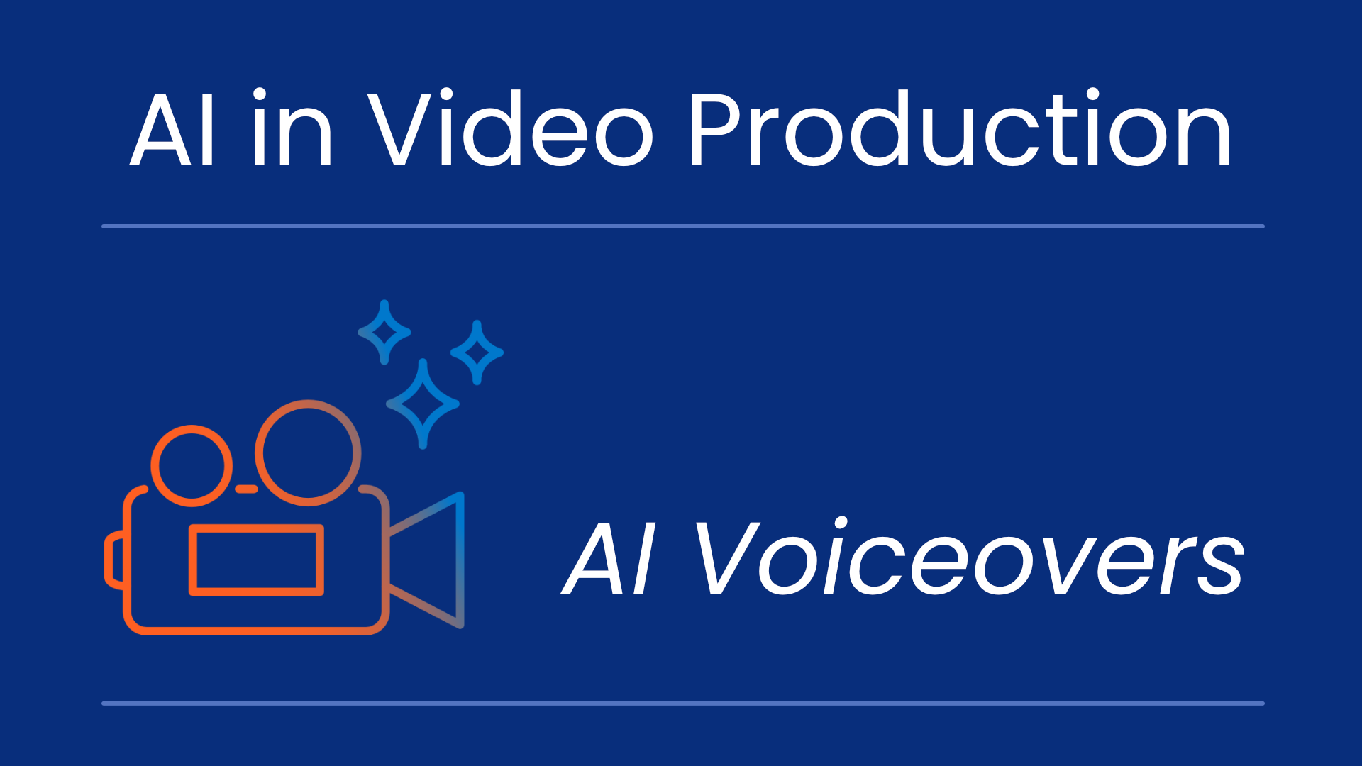 AI in Video Production - AI Voiceovers with a coral and horizon blue-outlined video camera and AI sparkles