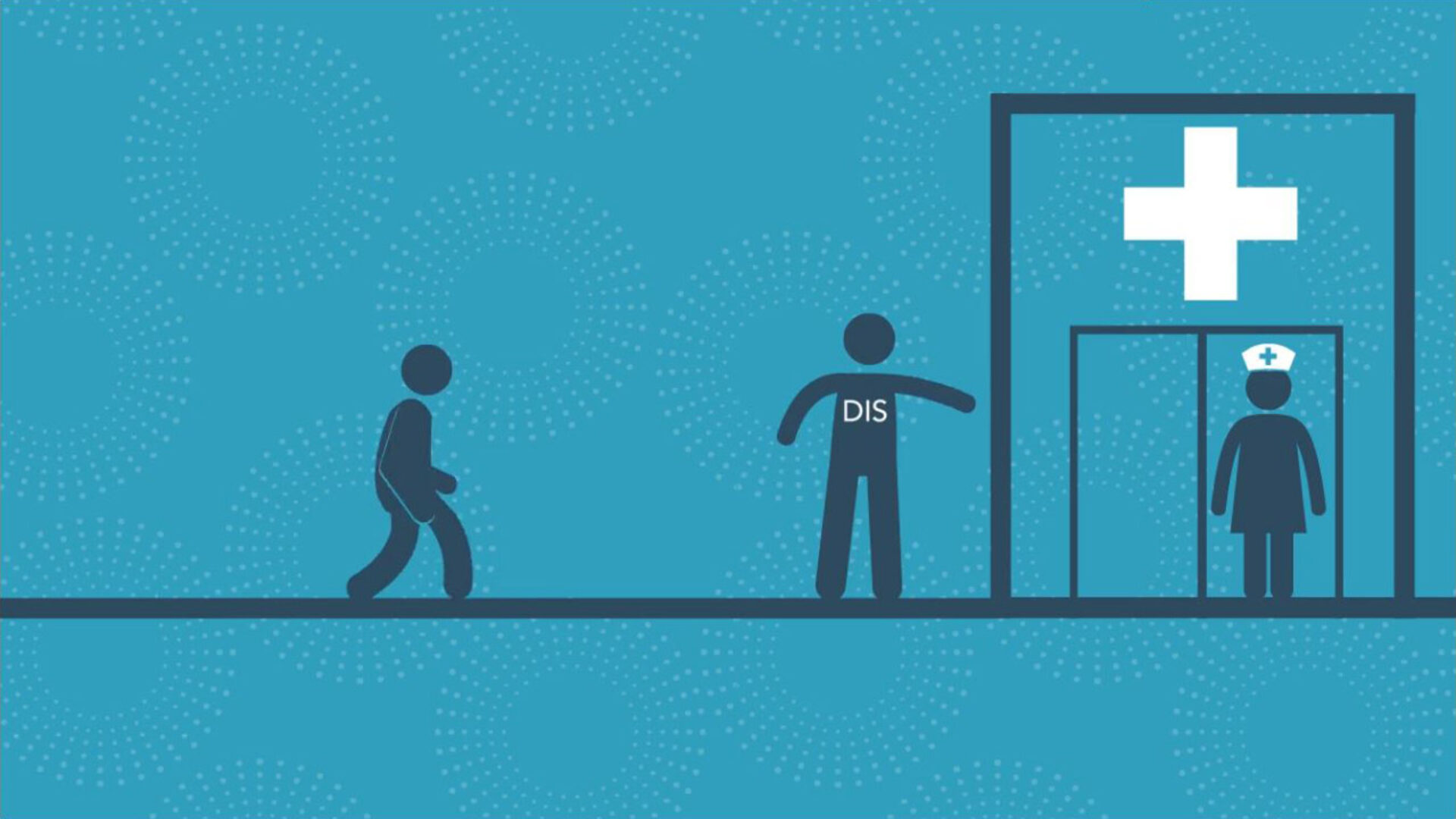 Animated graphic showing disease intervention specialist guiding patient to healthcare facility