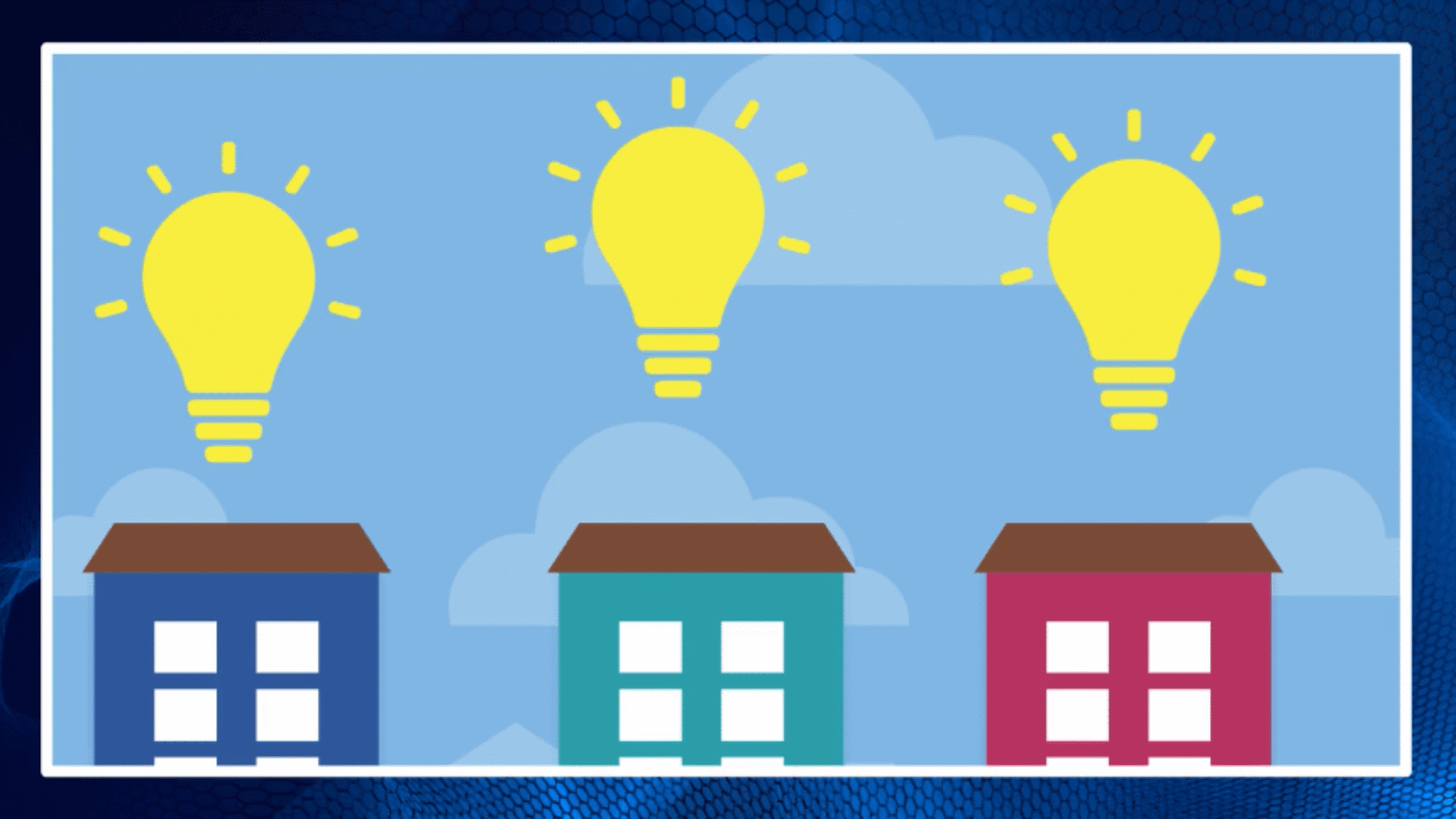 Illustration of lightbulb ideas above homes, representing innovation and community solutions