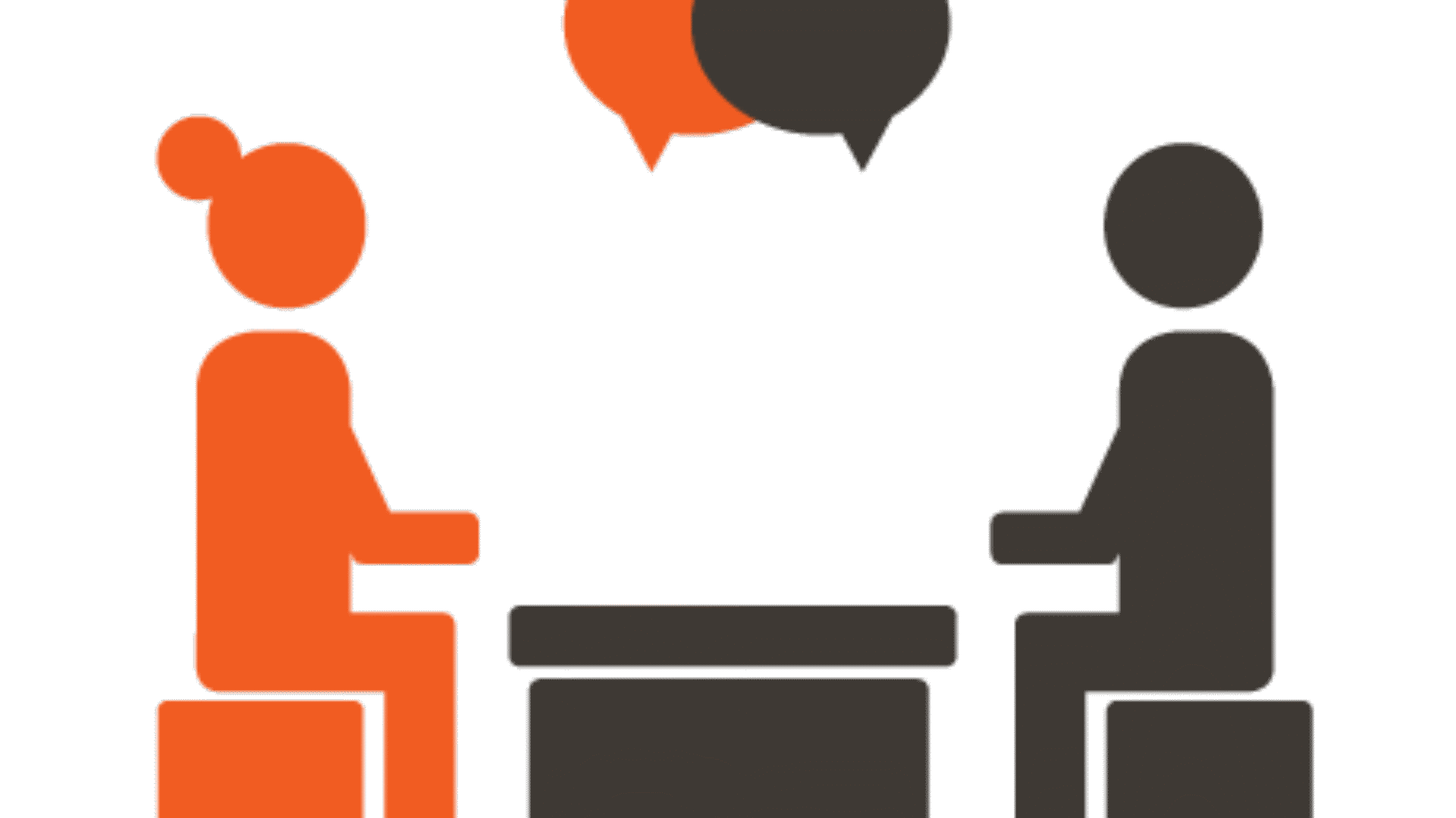 orange and black icon of two people having a conversation at a table