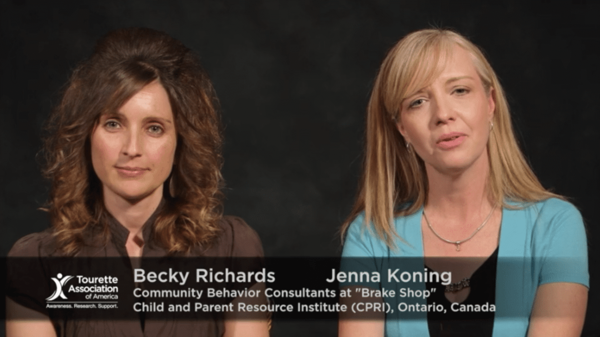 Two women, Becky Richards and Jenna Koning, speaking on camera in a Tourette Association interview.