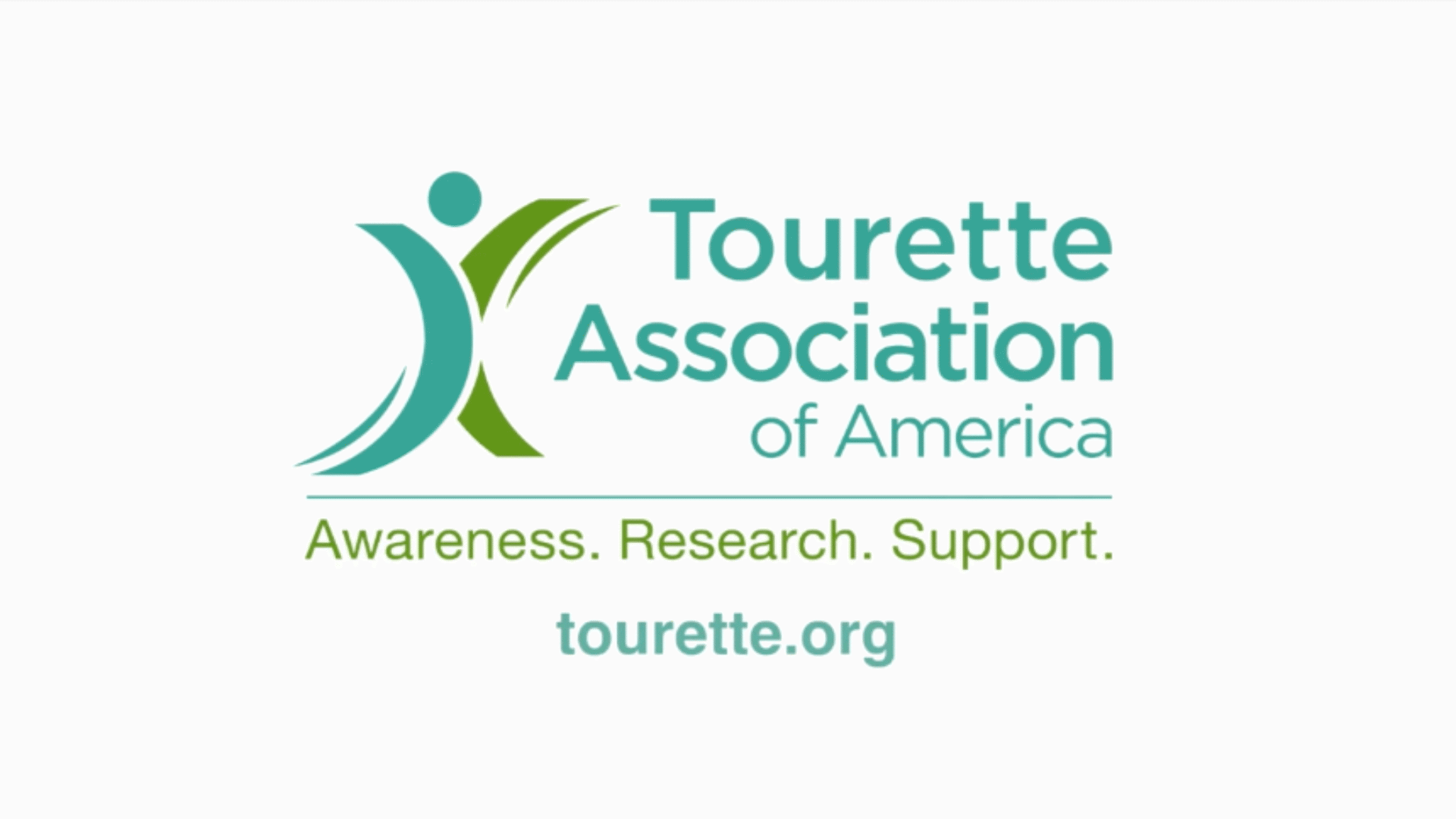 Tourette Association of America logo featuring a green and teal abstract human figure with the tagline "Awareness. Research. Support."