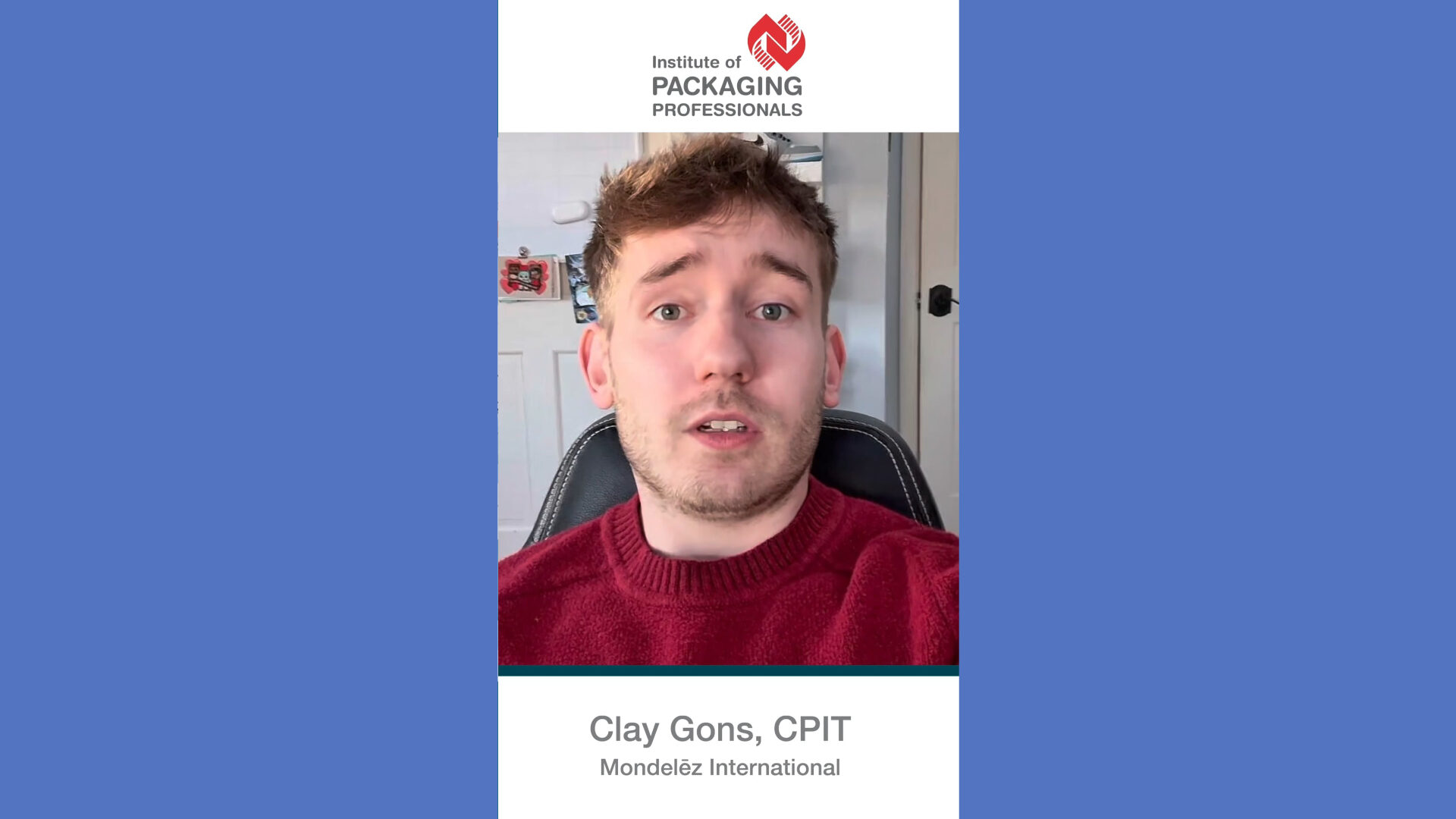thumbnail of young packaging professional in a short social media vertical video with blue background
