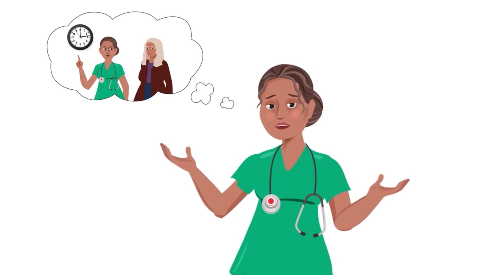 video thumbnail of a CNA animated video character in green scrubs with outstretched arms and a thought bubble with an elderly patient and pointing to a clock