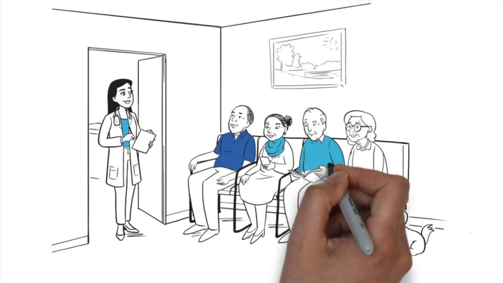 Whiteboard animation of medical office waiting room for healthcare explainer video